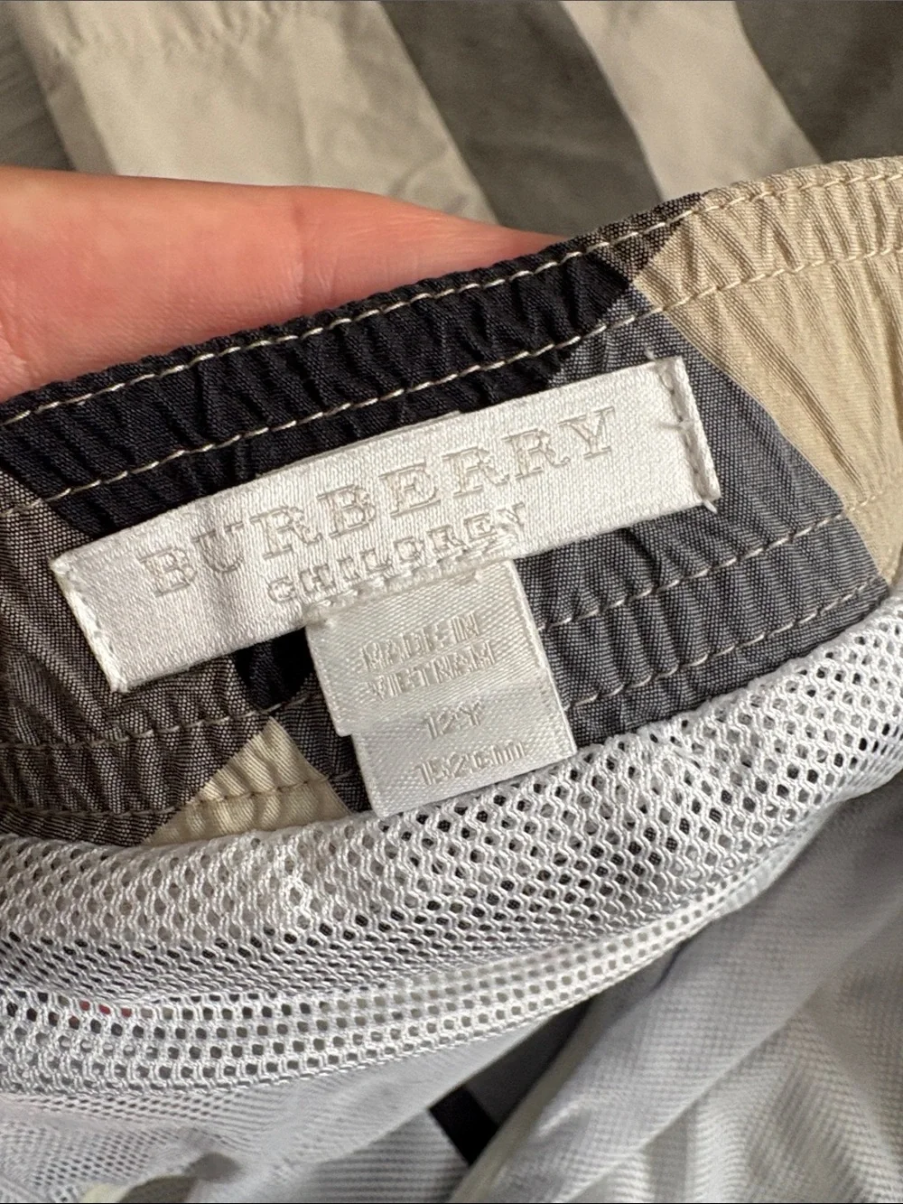 Burberry Men’s Check Swim Trunks in Beige, Gray & Red
